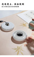 Medium Size Ceramic Ink Stone with Lid, Double Ring Moisturizing Anti-dry Ink Pot for Calligraphy Lovers Learning