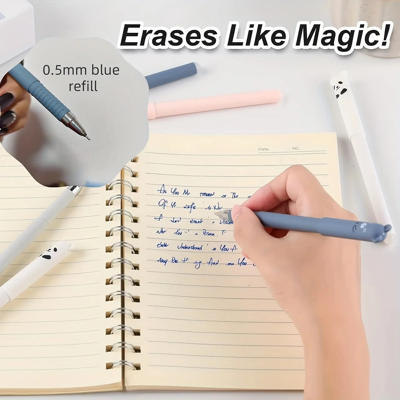 10-Pack of Erasable Pens with Random Designs, Blue Ink, Cute Bear Erasable Pens, Animal Erasable Gel Pens, Cartoon-Themed Erasable Pens for Students, Thermal Erasable Pens, Stationery with Smooth Writing