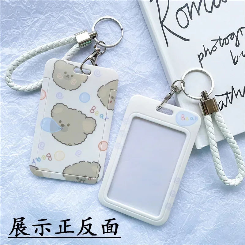 1Pc Solid Color Student Bus ID Card Protective Cover Keyring School Access Door Card Credit Card Holder Bag Set Key Chain