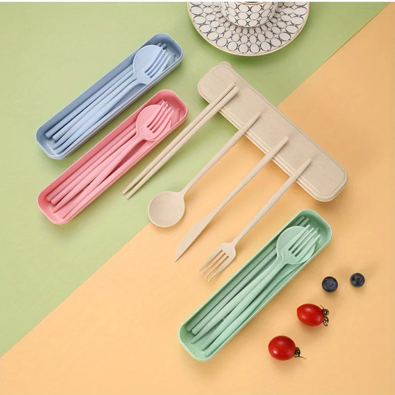 4PCS/Set Wheat Straw Tableware Box Spoon Fork Chopsticks Cutlery Dinnerware Children Adult Travel Portable Kitchen Accessories
