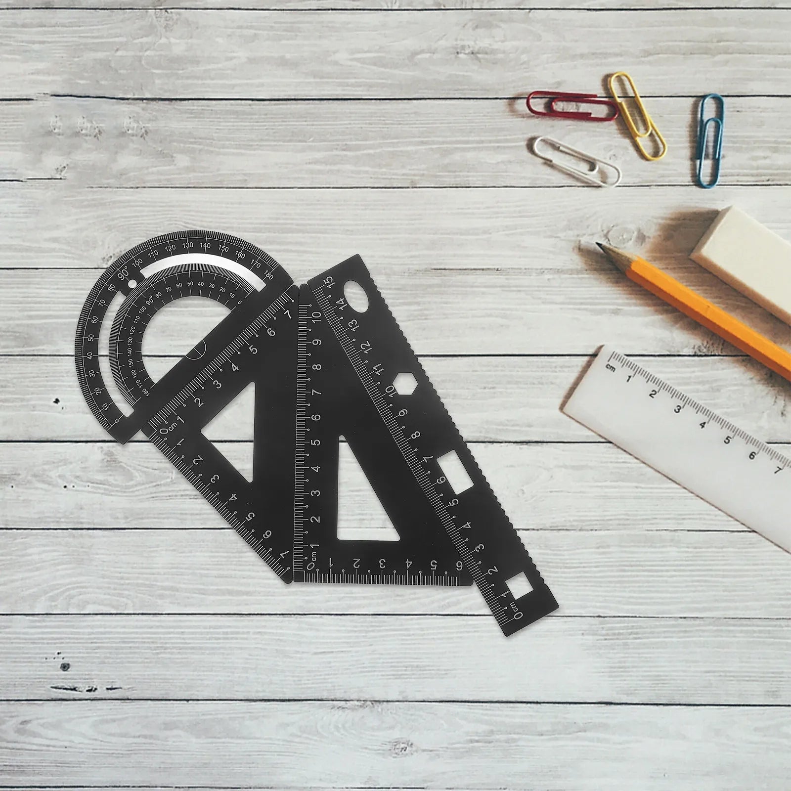 1Set Metal Math Drawing Set Includes Straight Ruler Triangle Plate Protractor for Students Architects Engineers Artists Portable