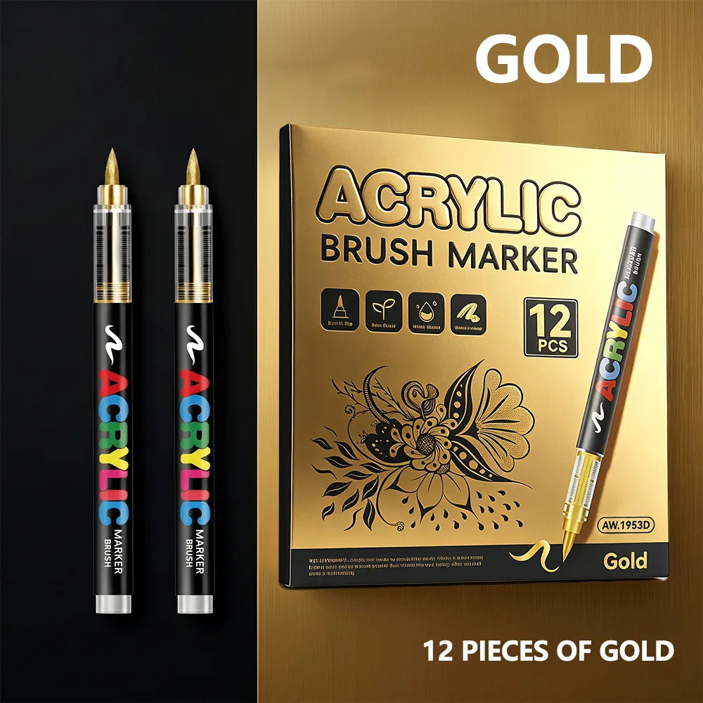 12 Pcs Black and White/Gold and Silver Acrylic Paint Markers Set, Large Ink Capacity, Skin Color Brush Markers Pen Art Supplies
