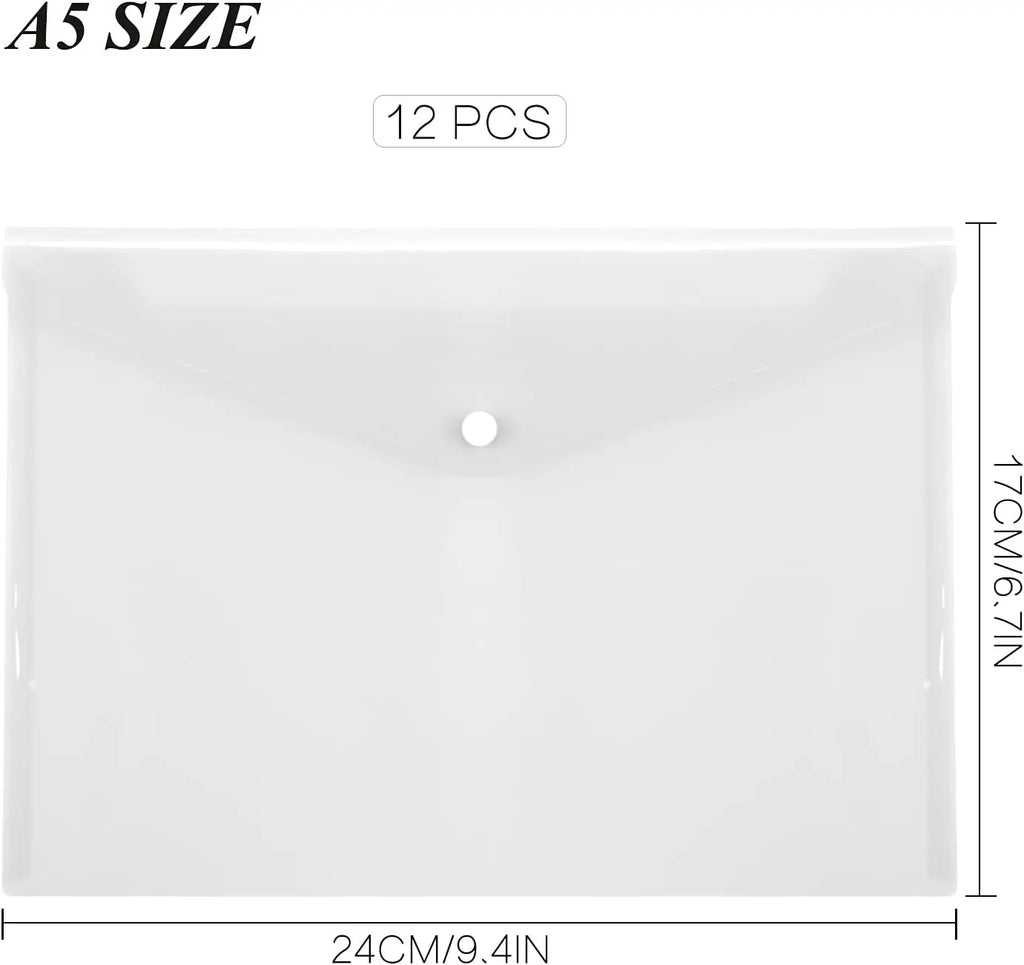 12 Pcs Plastic Envelopes Clear A5 Letter Size Waterproof Poly Envelopes Folders with Snap Closure for Office School Supplie
