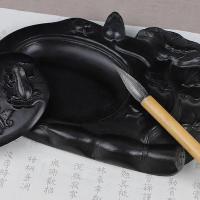 Carving Ink Stone Lotus Shaped Natural Calligraphy Rock Grinding Inkstone Plate Chinese Painting Calligraphie Strong Ink Inkslab
