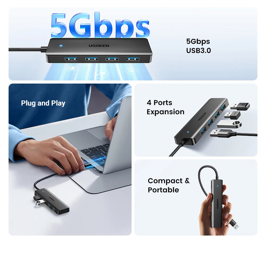 UGREEN USB3.0 HUB 4 Ports USB-A Splitter Slim USB Expander for Mouse Keyboard Flash Drive U Disk Printer and Laptop PC PS5 Xbox