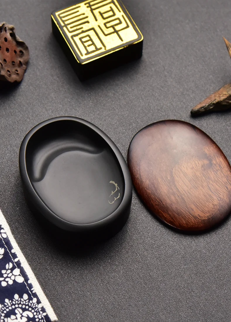 Small Portable Ink stone Chinese Style Calligraphy Regular Script Ink Stone Students Brush Writing Raw Stone She Inkstone