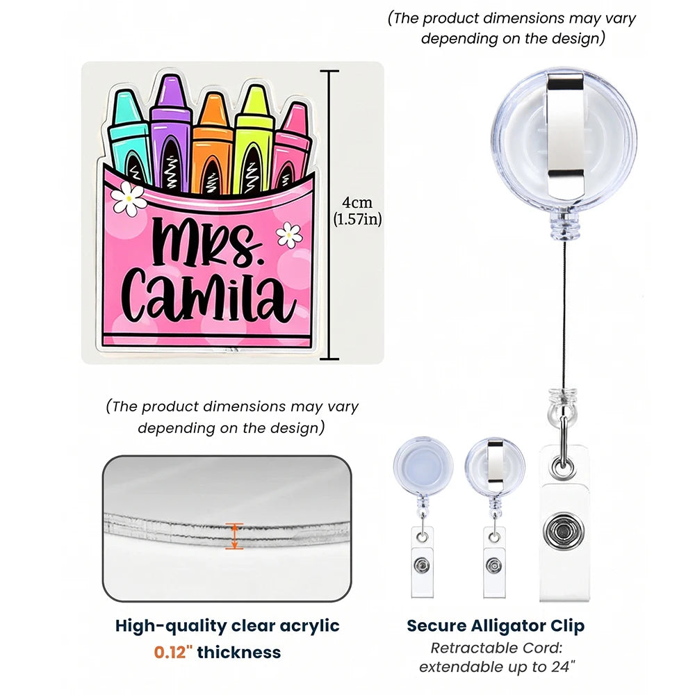 Customizable Name Acrylic Badge Reel,Personalized Cute School Theme,Teacher Appreciation Week Gift,Back to School Accessory