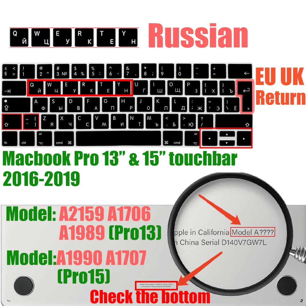 Russian Layout MacBook Pro Keyboard Cover 14" 16" M4 M3 M2 M1 Pro, MacBook Air 15" 13.6" M3 M2 Silicone Skin, US/EU Version