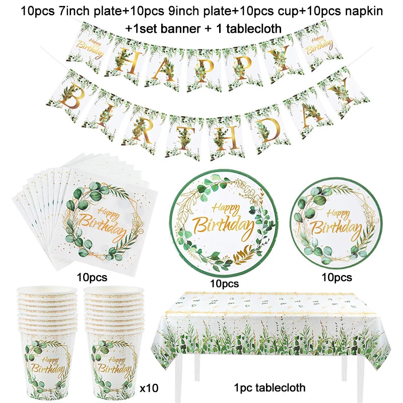 Green Eucalyptus Leaf Disposable Tableware Paper Plate Cup Napkin Banner Kids Adult Happy Birthday Birthday Party Decor Supplies