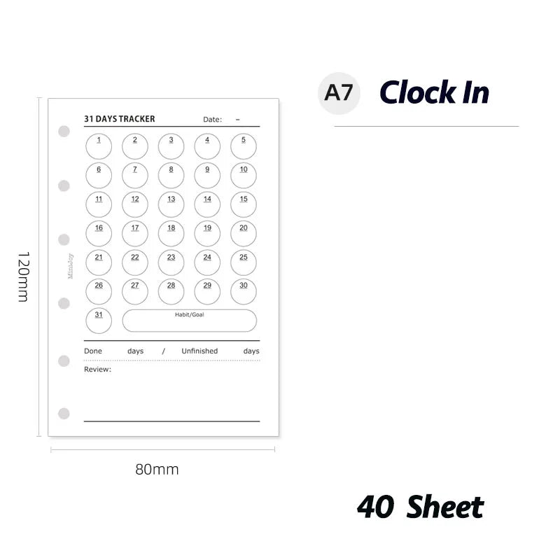Fromthenon Minimalist Ledger Loose Leaf Paper A6A7 40 Sheets Target Tracking Clock in Replace Core Inner Pages