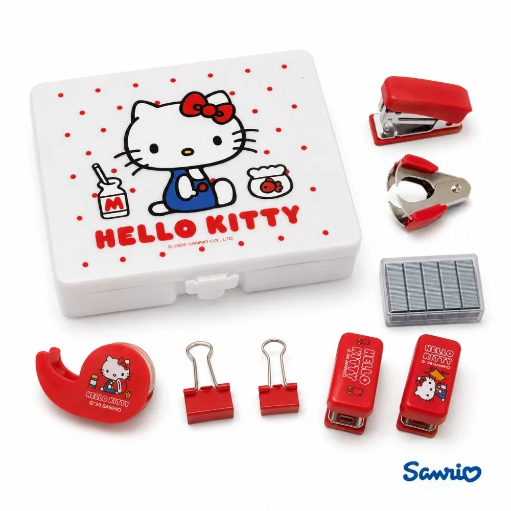 Genuine Hello Kitty Sanrio Desktop Stationery Kit Mini Stapler Tape Clips Staples Storage Box Study Office Supplies Gifts