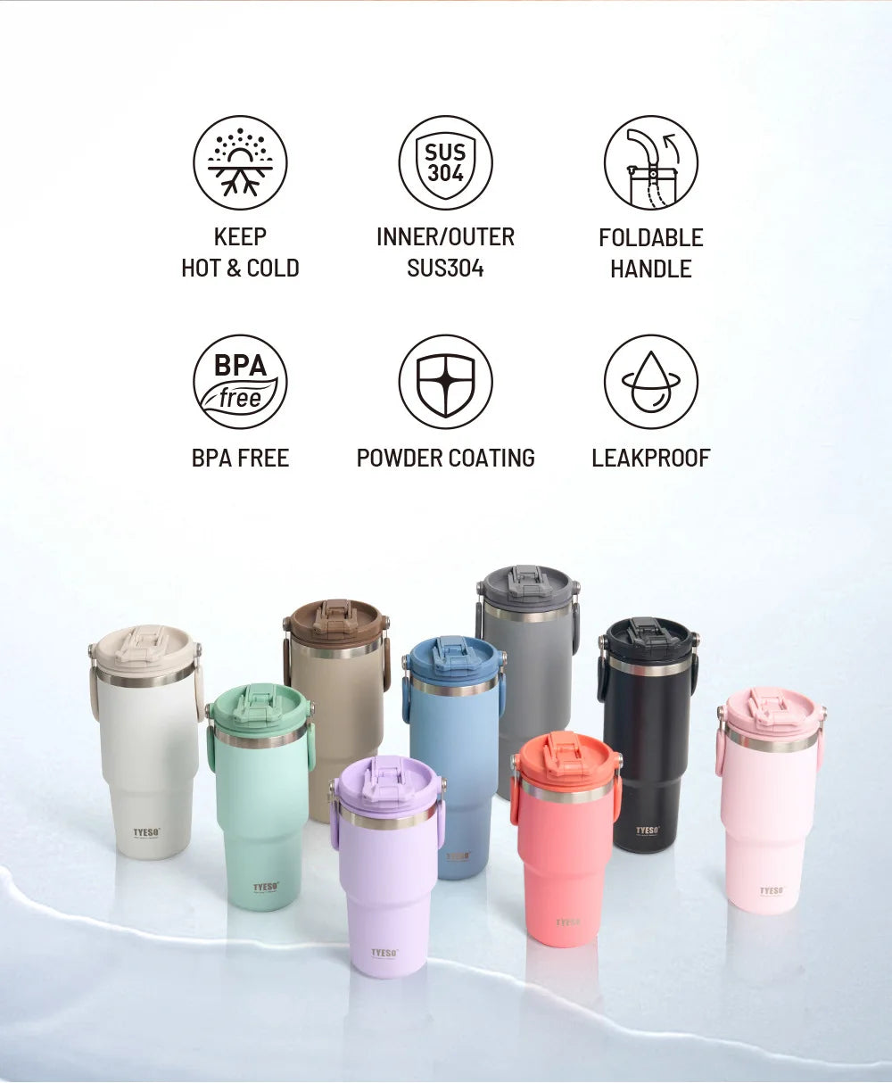 Tyeso Large-Capacity Thermoses Handle Vacuum Cup Dual-Drink Coffee Mug Stainless Steel Ice Cup Car Bottle Hot Cold Retention