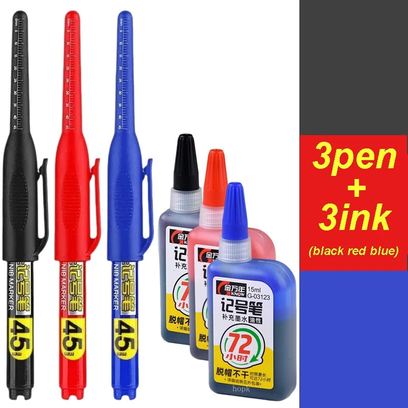 1-12 PCS 45mm Tip Waterproof Long Head Marker Pen Quick-Dry Ink for Woodworking Construction, Deep Hole White Black Red Blue