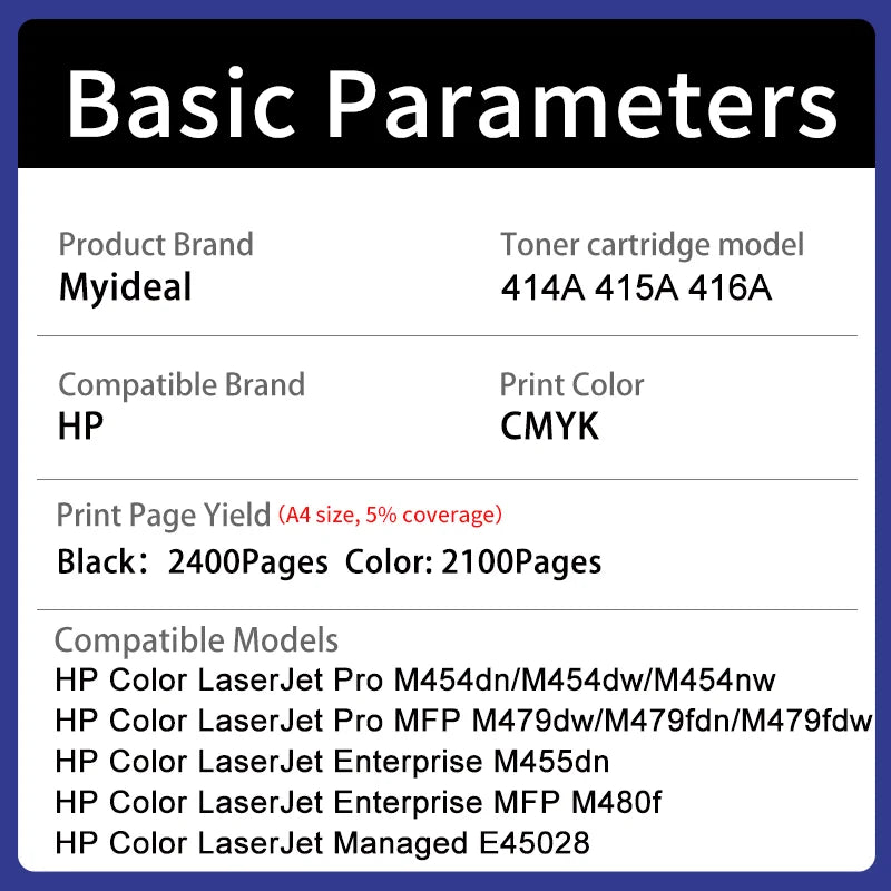 1pc Compatible 416A W2040A W2041A W2042A Toner Cartridge for HP Laserjet Pro M454 M454dw MFP M479 M479dw M479fdw with Chip
