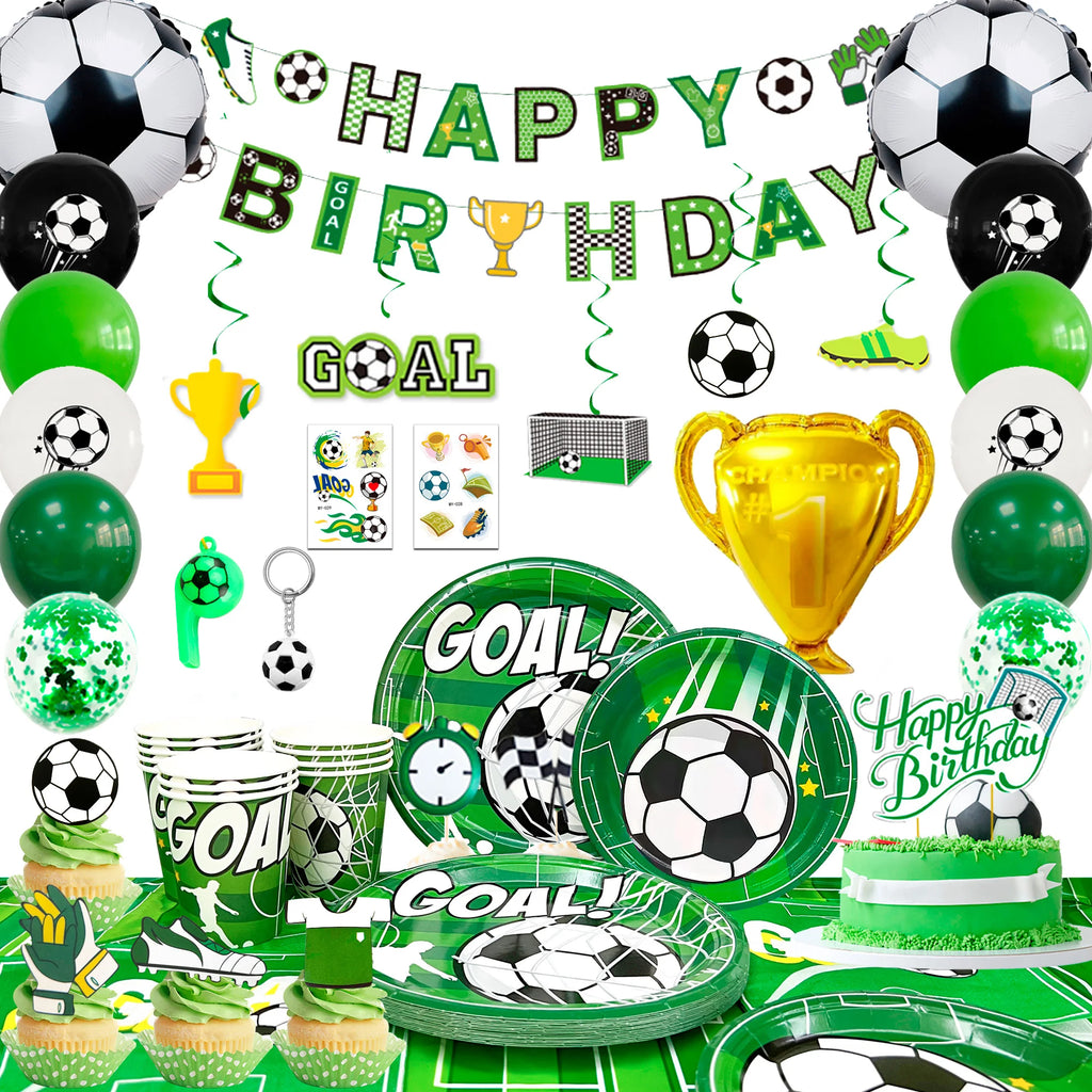 Soccer Party Decorations,113pcs Party Decorations&Tableware Set-Soccer Birthday Banner Balloons Whistle Keychain Plates etc