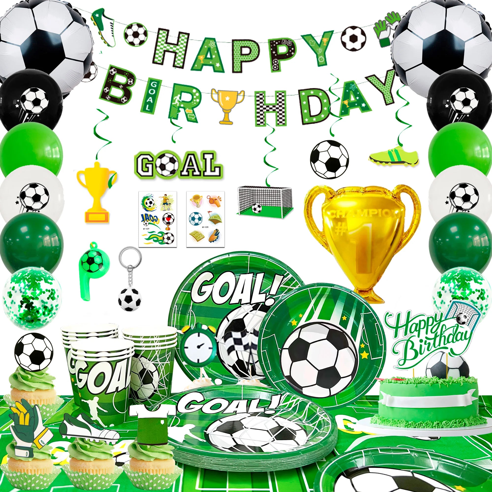 Soccer Party Decorations,113pcs Party Decorations&Tableware Set-Soccer Birthday Banner Balloons Whistle Keychain Plates etc