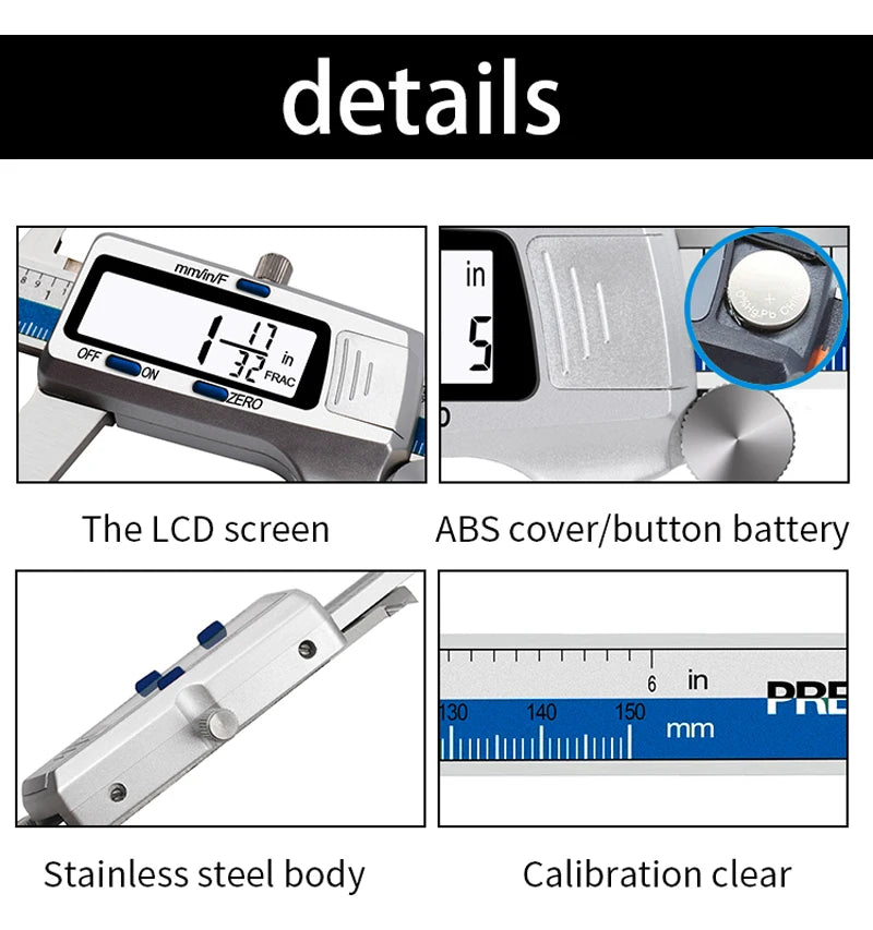 ET52 Stainless Steel 0.01mm High Precision Measure 150mm Digital Caliper mm/inch/Fraction Zero Setting Electronic Caliper