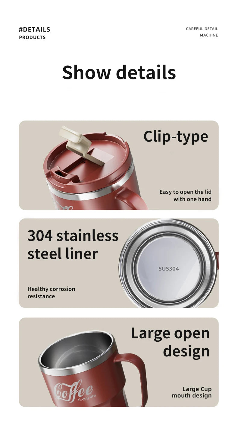 WORTHBUY Coffee Mug With Lid&Handle 304 Stainless Steel Tea Milk Coffee Cup Double Wall Insulated Anti Scalding Drinking Cup