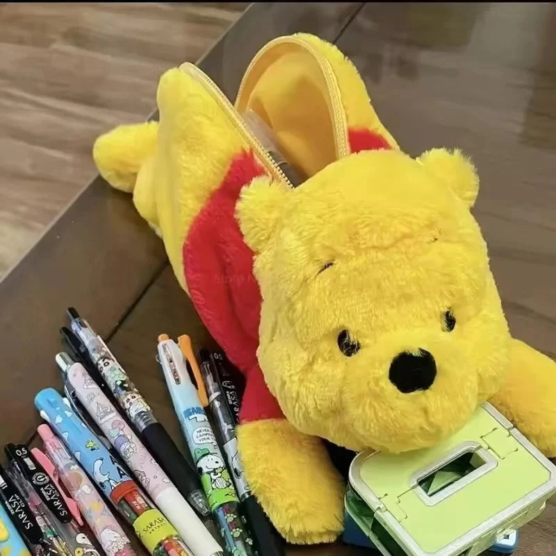 Cute Winnie the Pooh x Stitch Plush Doll Pen Bag, Large Capacity Student Stationery Pouch, Cartoon Pencil Case for School Gift