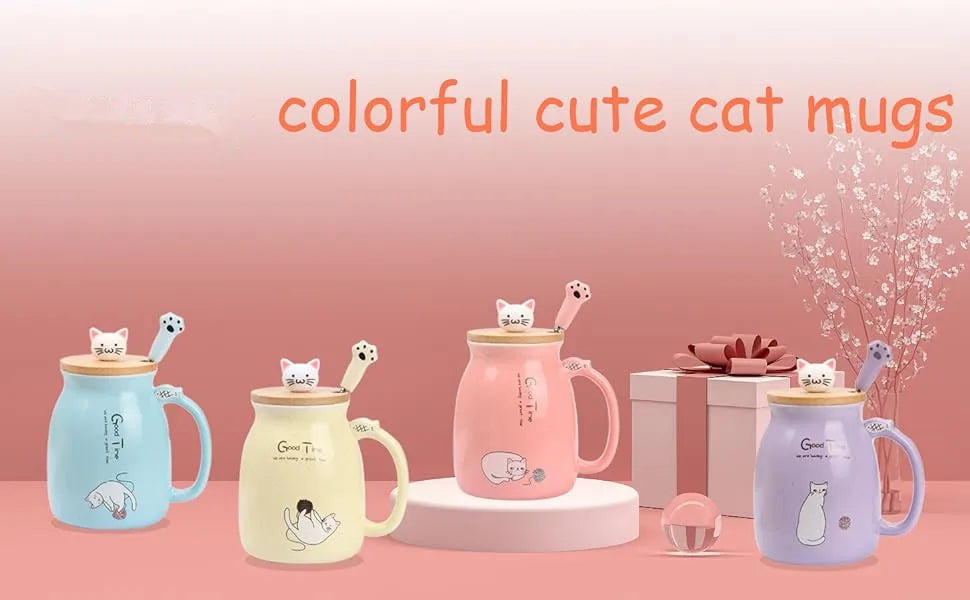 Kawaii Tea Cup Cute Cat Ceramic Coffee Mug with Kitty Lid and Spoon Japanese style Novelty Gifts for Women Cat lover Gifts 16oz