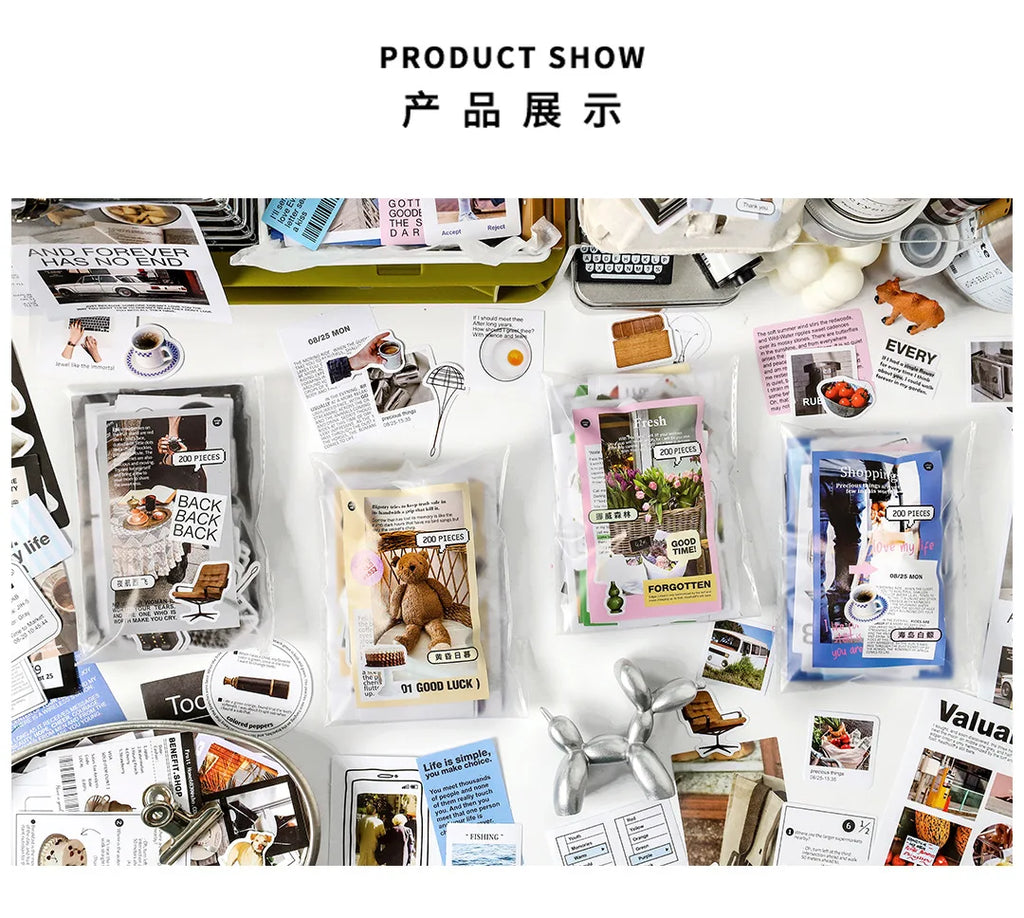 200 pcs Korean Decoration Material Paper pack Collage Junk Journal Material DIY Scrapbook Diary Album Lable Stationery