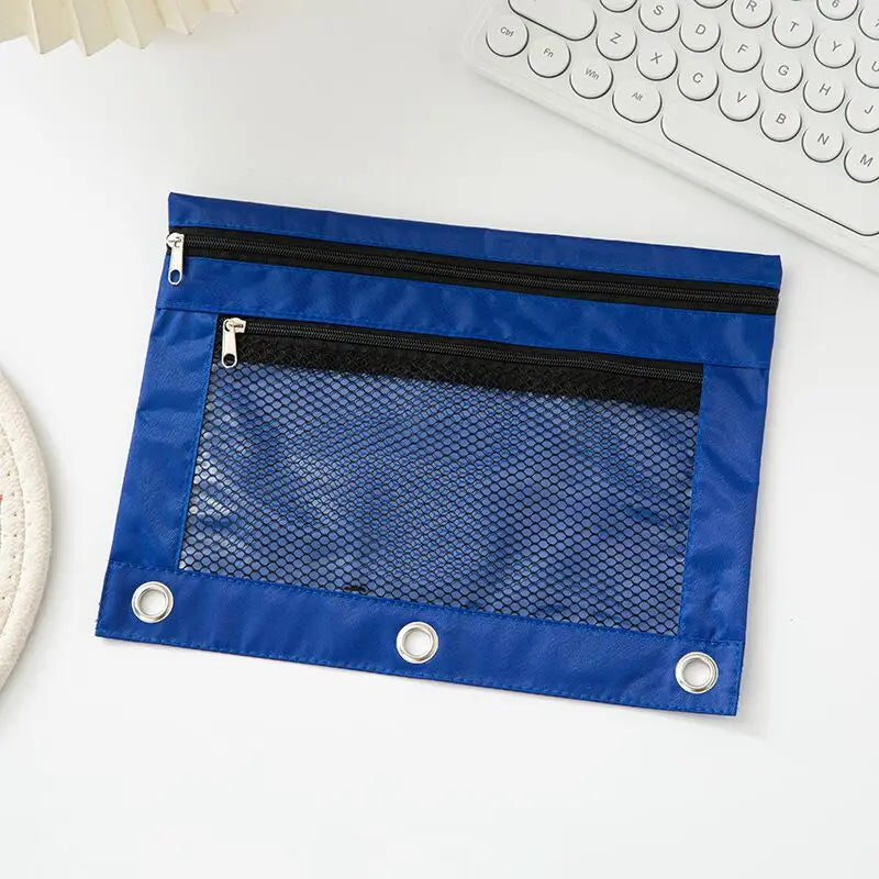 Double Zipper Pen Bag 3 Rings Binders Pencil Case File Bag Pencil Box For Erasers Rulers Markers Storage
