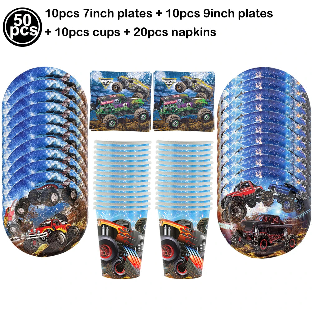 Monster Truck Party Supplies Disposable Tableware Plates Napkin Banner Tablecloth for Kids Boys 2nd Birthday Party Decorations