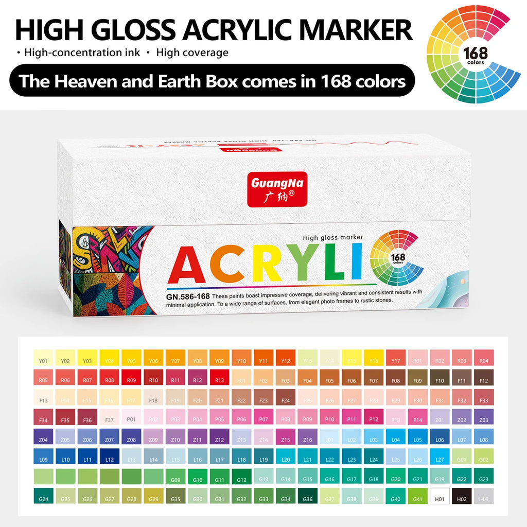 GuangNa 168/12 Colors High Gloss Acrylic Marker Pen Set,Hard Headed Drawing Pens,DIY Graffiti Paint Pen Stationery,GN.586