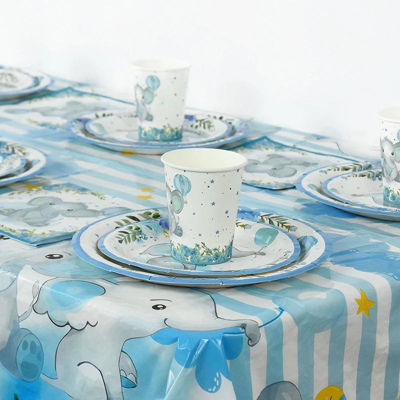 Cartoon Baby Elephant Disposable Tableware Set Paper Plate Cup Napkin Kids Boys Birthday Party Decoration Baby Shower Supplies