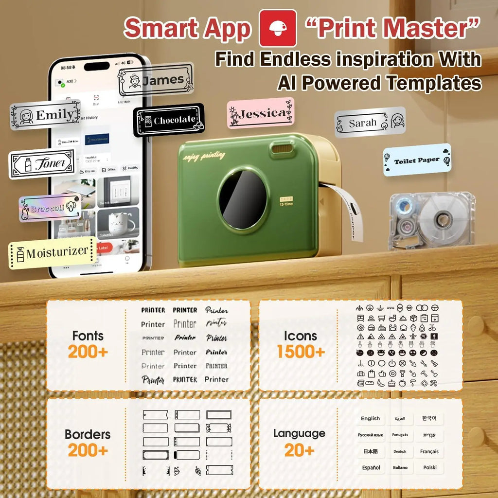Phomemo A30Label Maker Wireless Mini Thermal Printer Portable Adhesive Sticker Barcode Labeling Machine for Home School Office