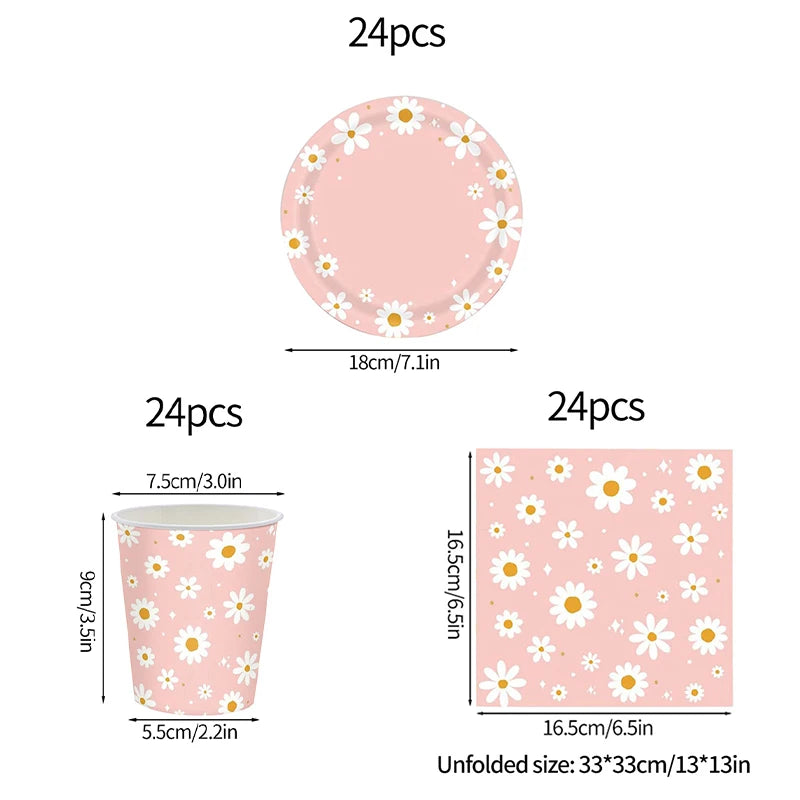24pcs 7/9inch Pink Daisy Theme Disposable Tableware Flower Plate Napkin Banner Birthday Party Baby Shower Wedding Decor