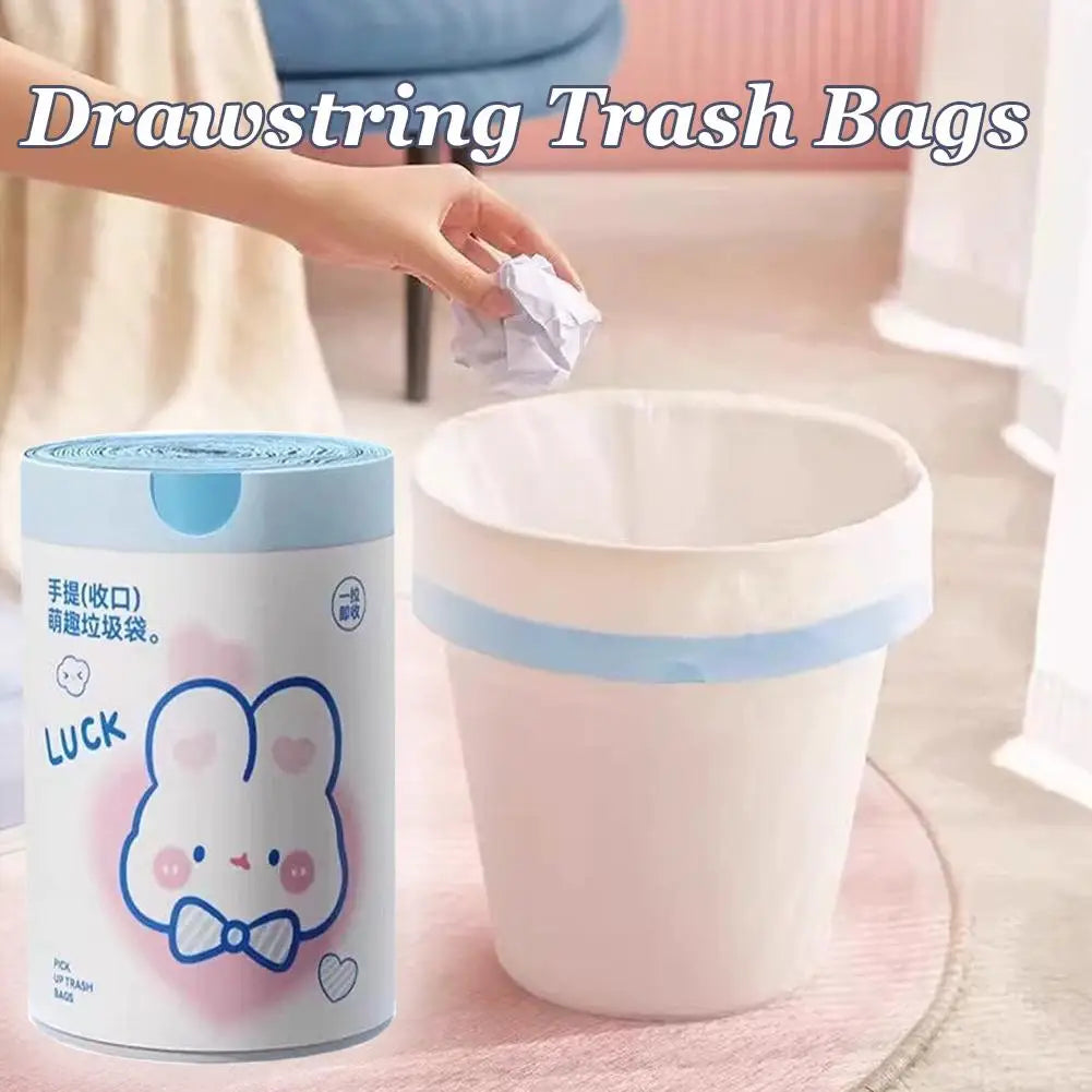 1 roll 100pcs blue rabbit garbage bag Portable Printed Thickened Garbage Bags, Stylish Blue Heart & Rabbit Drawstring Trash Bags