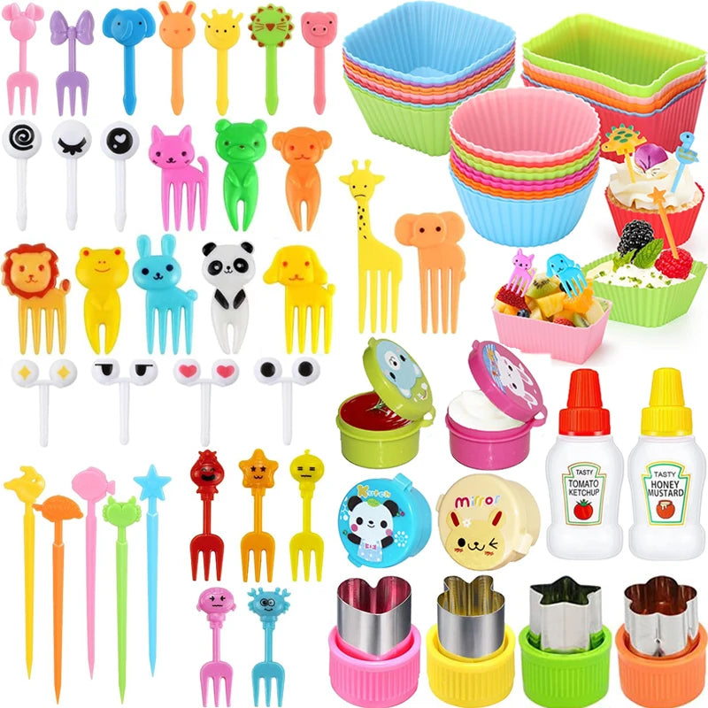 Mini Fruit Forks For Children Kids Cute Animal Food Picks Snack Toothpicks With Vegetable Cutter Set Silicone Lunch Box Dividers