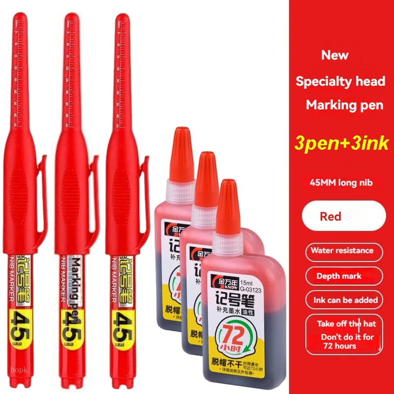 1-12 PCS 45mm Tip Waterproof Long Head Marker Pen Quick-Dry Ink for Woodworking Construction, Deep Hole White Black Red Blue