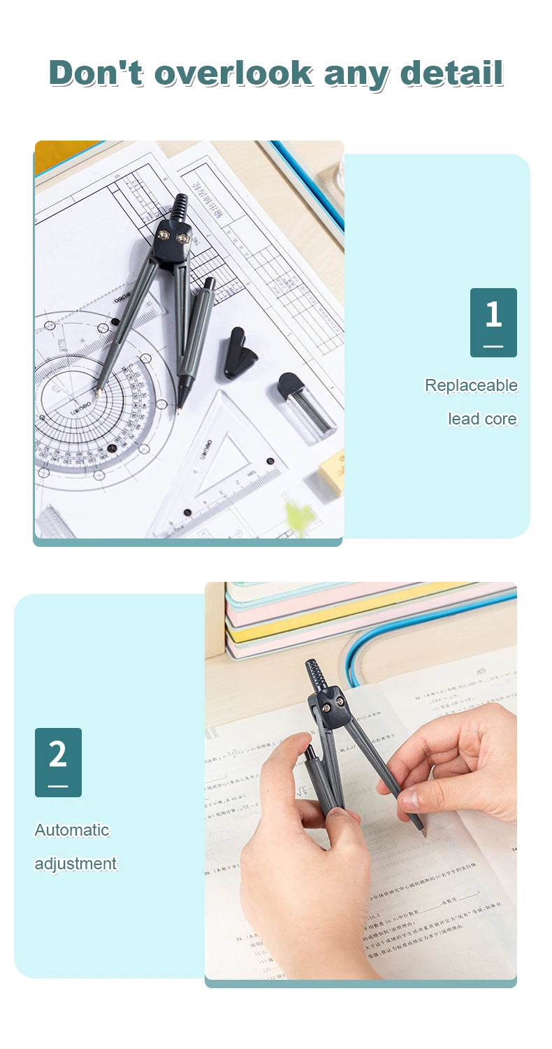 Deli Compass Set Mathematical Drawing Set Tool Professional Multifunctional Ruler School Supplies 7pcs/Set Drafting Set