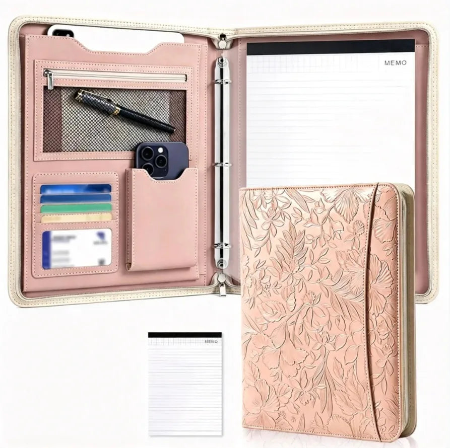 A4 Zippered Portfolio Organizer with 3-Ring Binder, Tablet Sleeve, Card Slots, Phone Pocket and Memo Pad