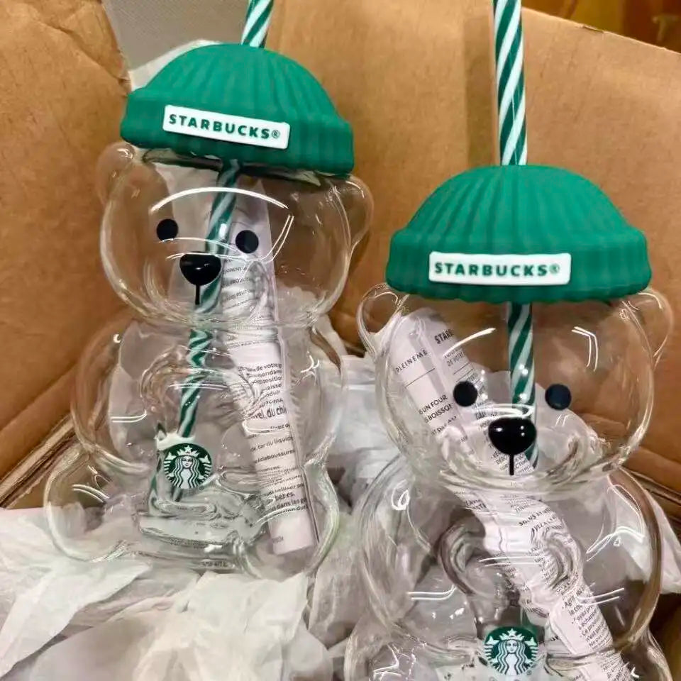 Starbucks Bearista Bear Clear Glass Tumbler 591ml 20oz Green Lid With Straw Cold Water Iced Coffee Home Café Gift