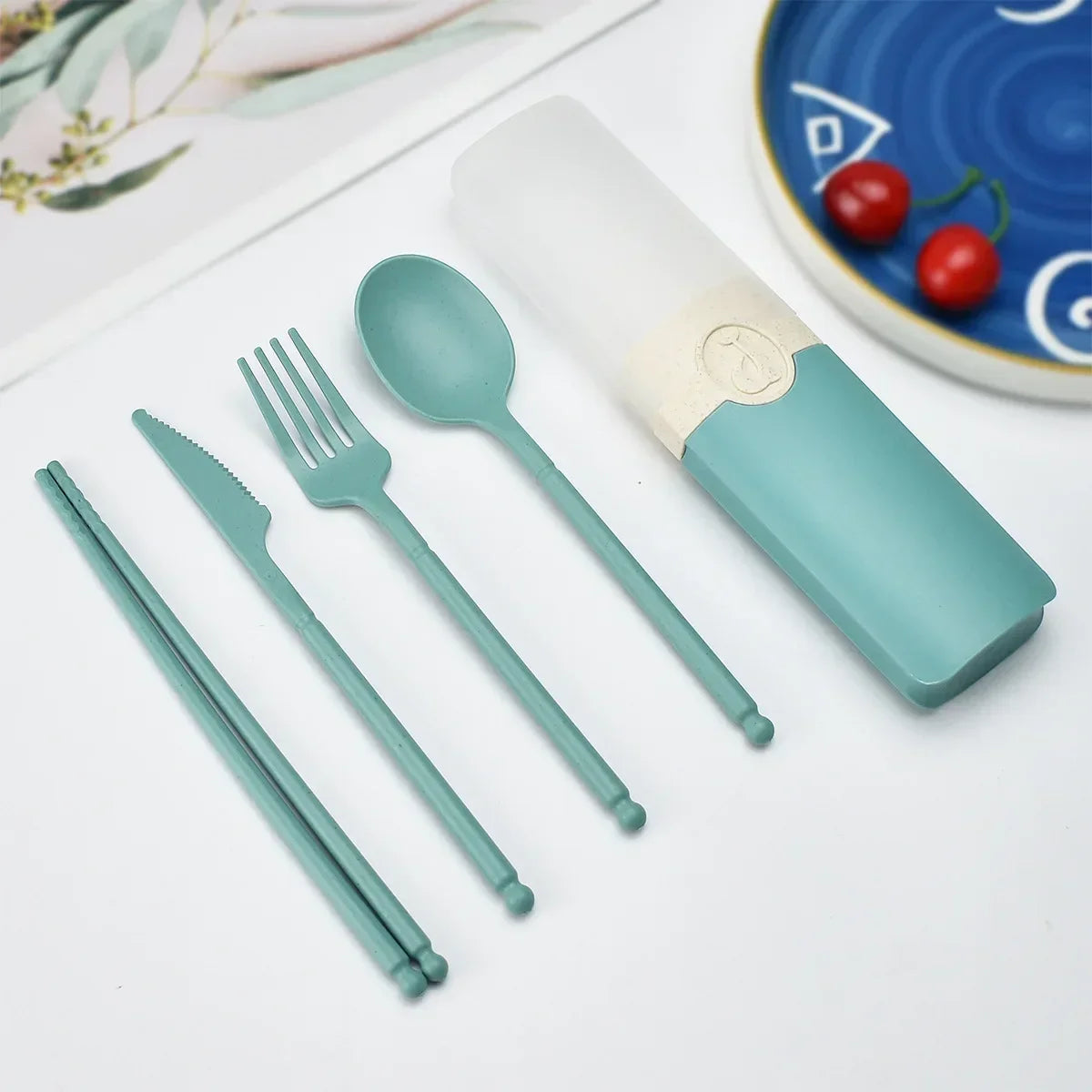 Portable Reusable Spoon Fork Travel Picnic Chopsticks Wheat Straw Tableware Cutlery Set With Carrying Box For Student Office