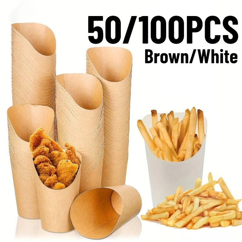50/100PCS Disposable French Fries Cups Kraft Paper Snack Cups Ice Cream Waffles Dessert Catering Party Food Containers Supplies