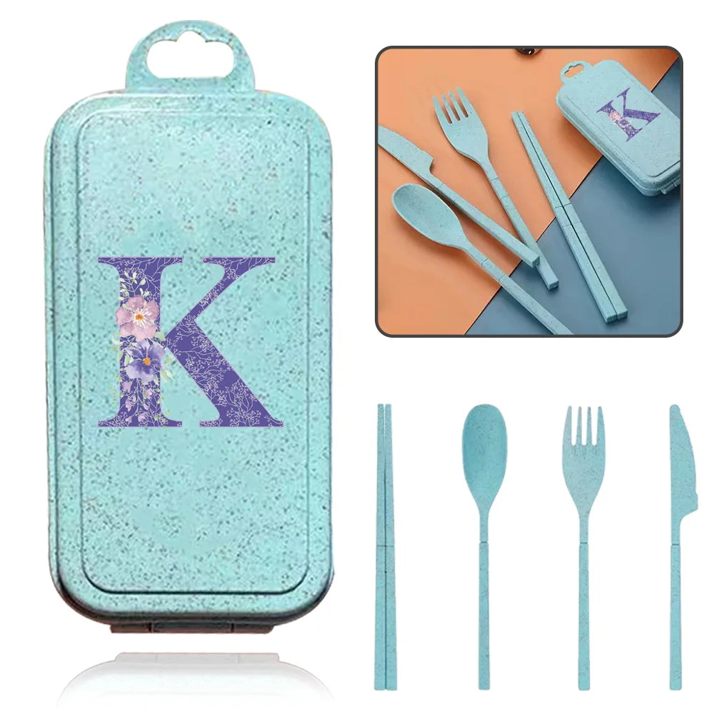 4Pcs Wheat Straw Cutlery Knife Spoon Fork Chopsticks Portable Set Plastic Detachable Dinnerware Purple Flower Letter Pattern