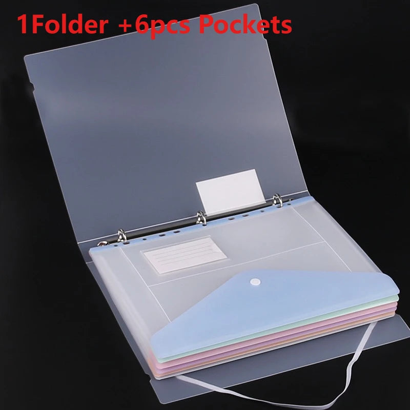 11-hole Loose-leaf File Bag, Transparent 3-hole Folder+6pcs Binder Pockets Document Pouch for Office and School Supply