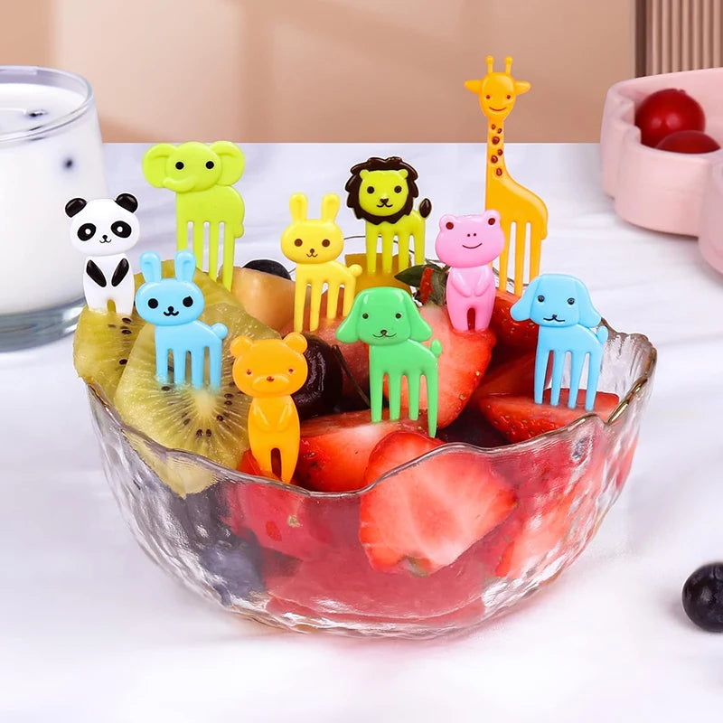 Mini Fruit Forks For Children Kids Cute Animal Food Picks Snack Toothpicks With Vegetable Cutter Set Silicone Lunch Box Dividers