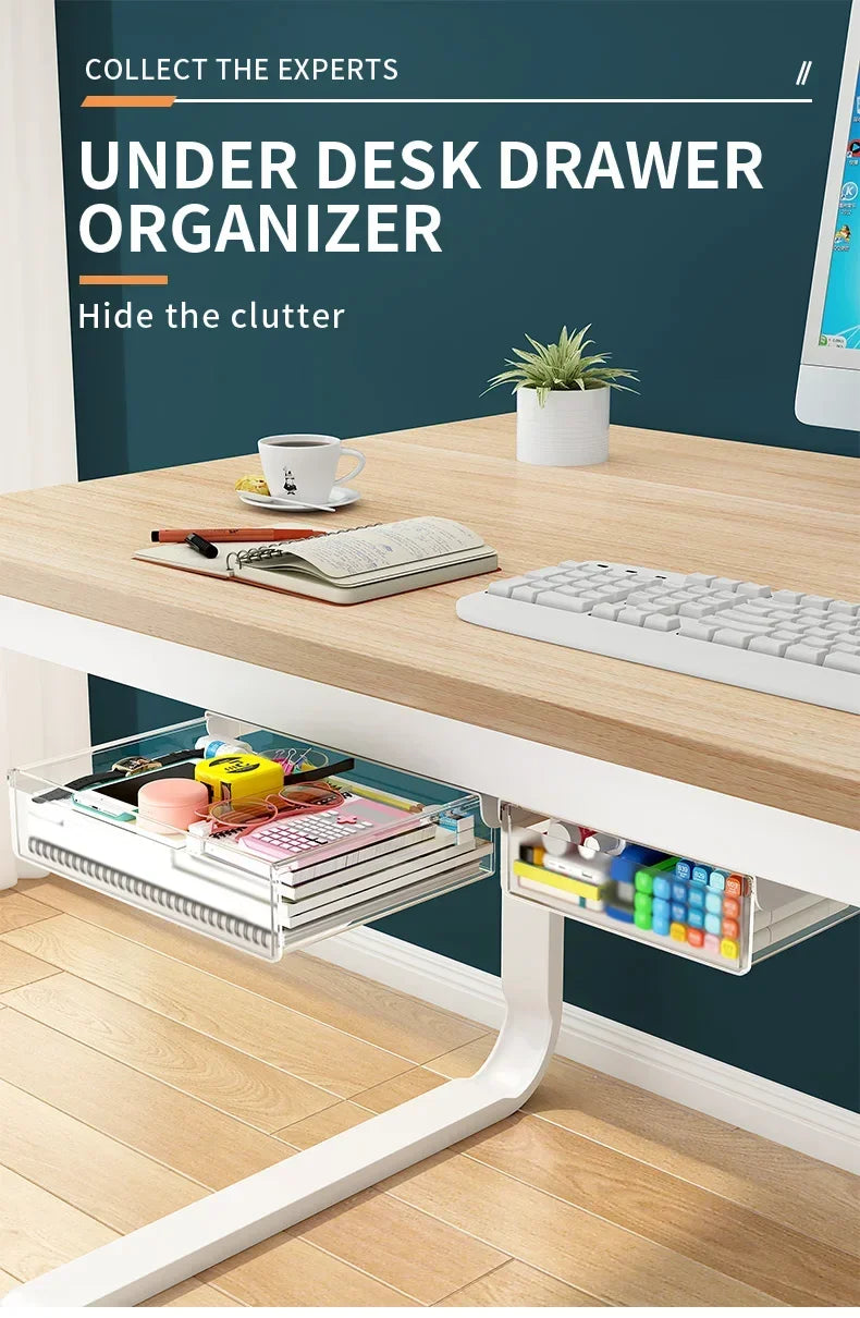 Hidden Under Desk Drawer Storage Office Organizer Desk Self Adhesive Drawers Plastic Undertable Accessories Storage Box Drawe