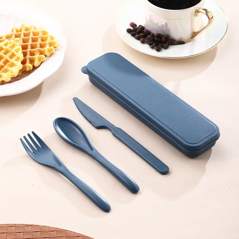 3-Piece Wheat Straw PP Utensils Set Portable Cutlery Box Lightweight Camping Travel Student Reusable Tableware  Kitchen Tools