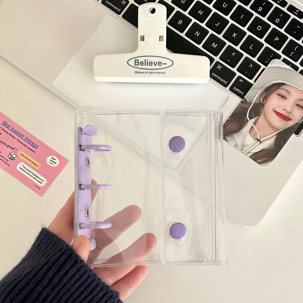 Mini Transparent 3 Ring Binder Covers, Beaded Storage Soft Notebook Closure Loose Leaf Folder Round Ring Cover Protector Button
