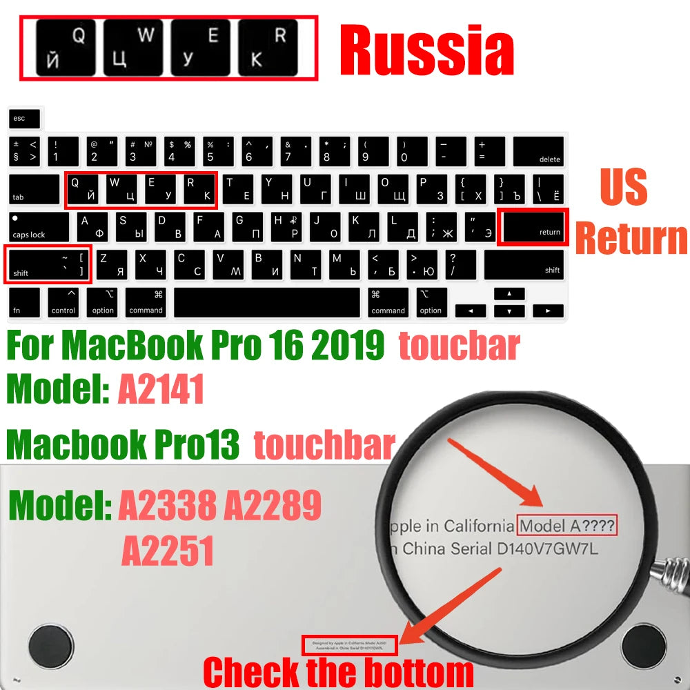Russian Layout MacBook Pro Keyboard Cover 14" 16" M4 M3 M2 M1 Pro, MacBook Air 15" 13.6" M3 M2 Silicone Skin, US/EU Version