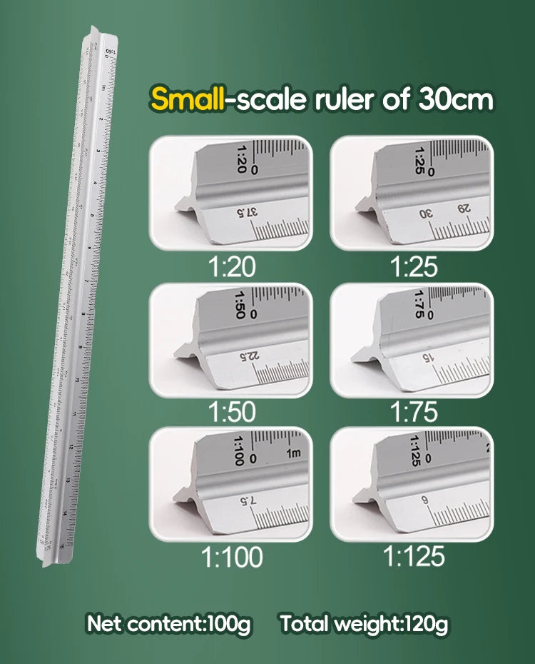 Space Ball 30cm Triangular Scale Ruler Metal Straight Ruler Metric Architect Engineer Accurate Drafting Measure Tool