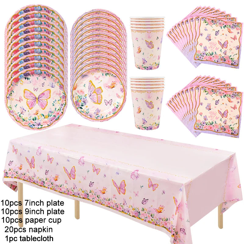 Butterfly Disposable Tableware Set Paper Plate Cup Napkins Pink Butterfly Birthday Party Decoration Baby Shower Wedding Supplies