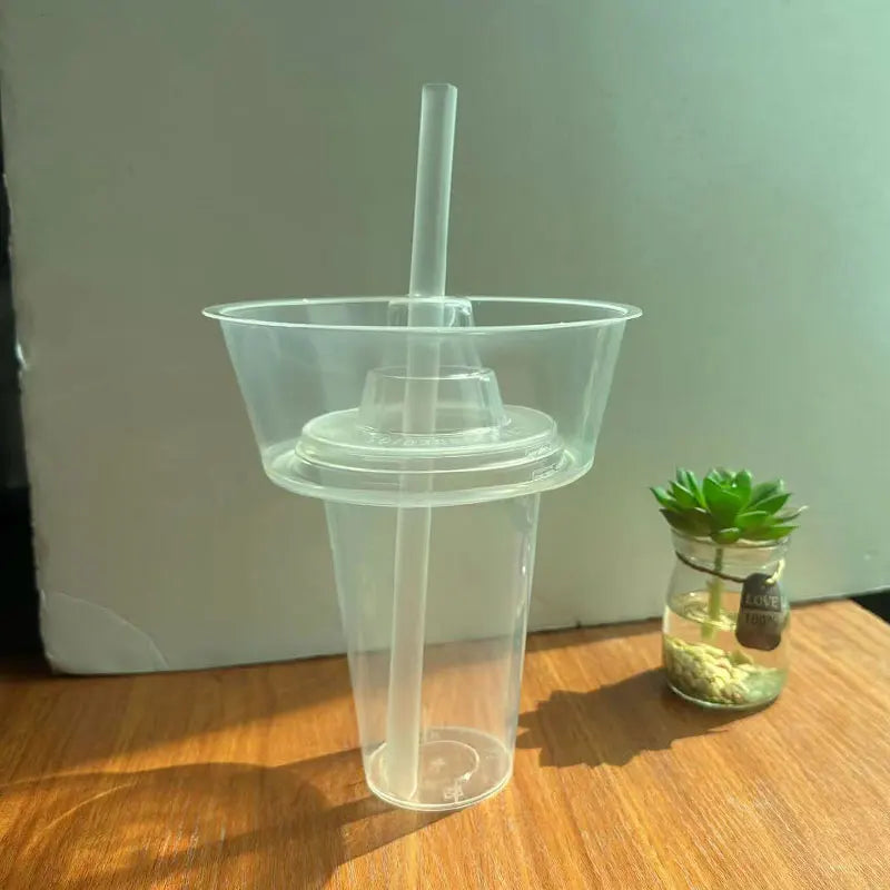 2PCS 2In1 Drink Snack Cup Bowl Bubble Milk Tea Fruit Portable Cups Stadium Tumbler Desserts Fondue Coke Water Bottle Adults Kids