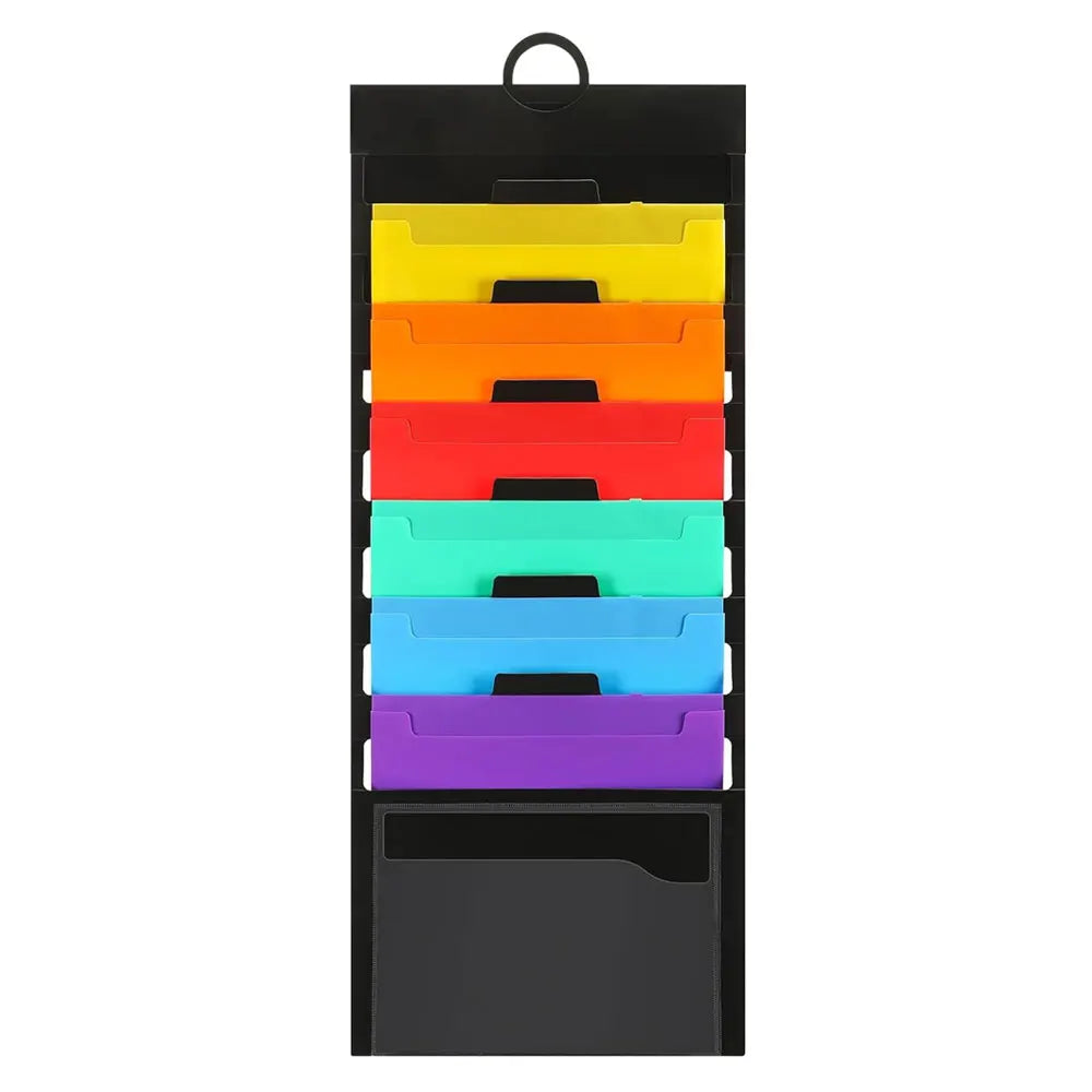 Wall-mounted document organizer, A4 size, with 6 pockets, multi-layered organization, suitable for schools, homes, and offices.
